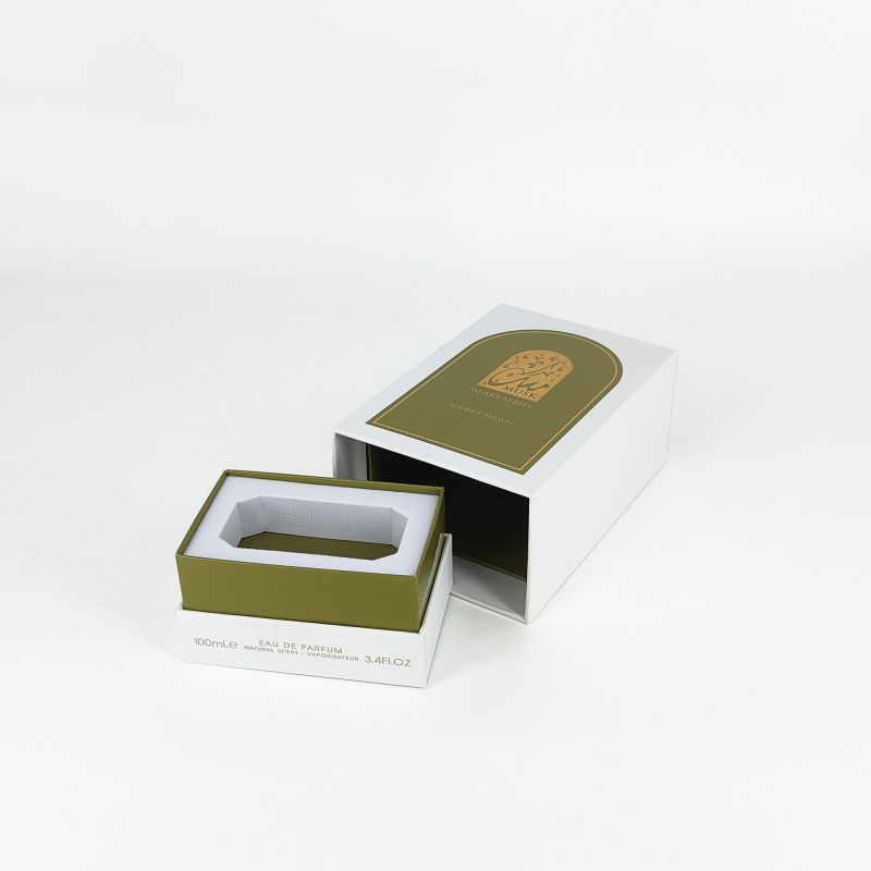 Gold Foil Embossed Perfume Box with EVA Tray, Rigid Base, and Sleek Lid Design HP031