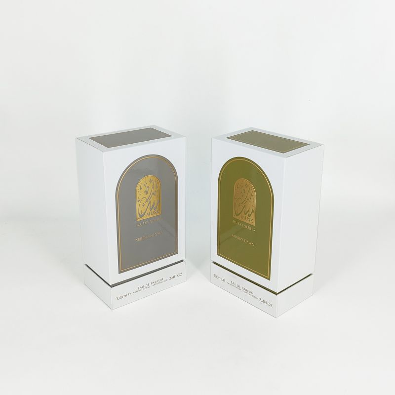 Gold Foil Embossed Perfume Box with EVA Tray, Rigid Base, and Sleek Lid Design HP031