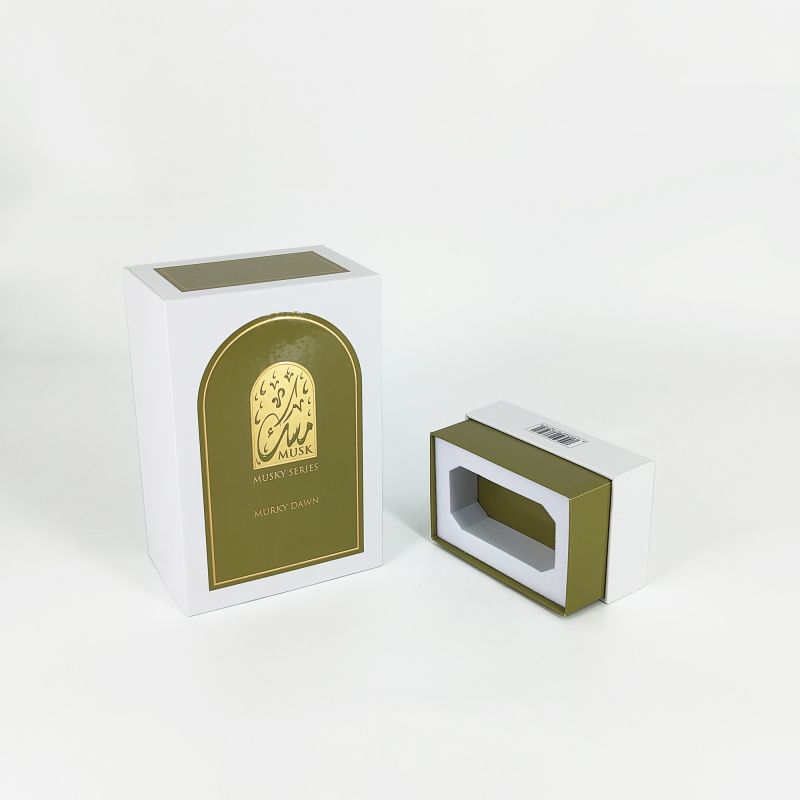 Gold Foil Embossed Perfume Box with EVA Tray, Rigid Base, and Sleek Lid Design HP031